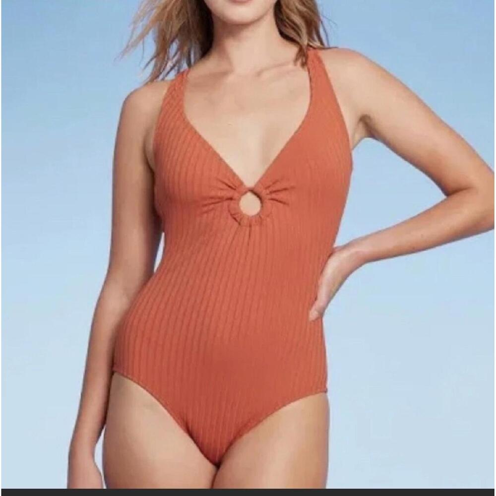 Kona Sol Wide Ribbed Ring Swimsuit Size S Orange Coquette Vacation Beach Resort